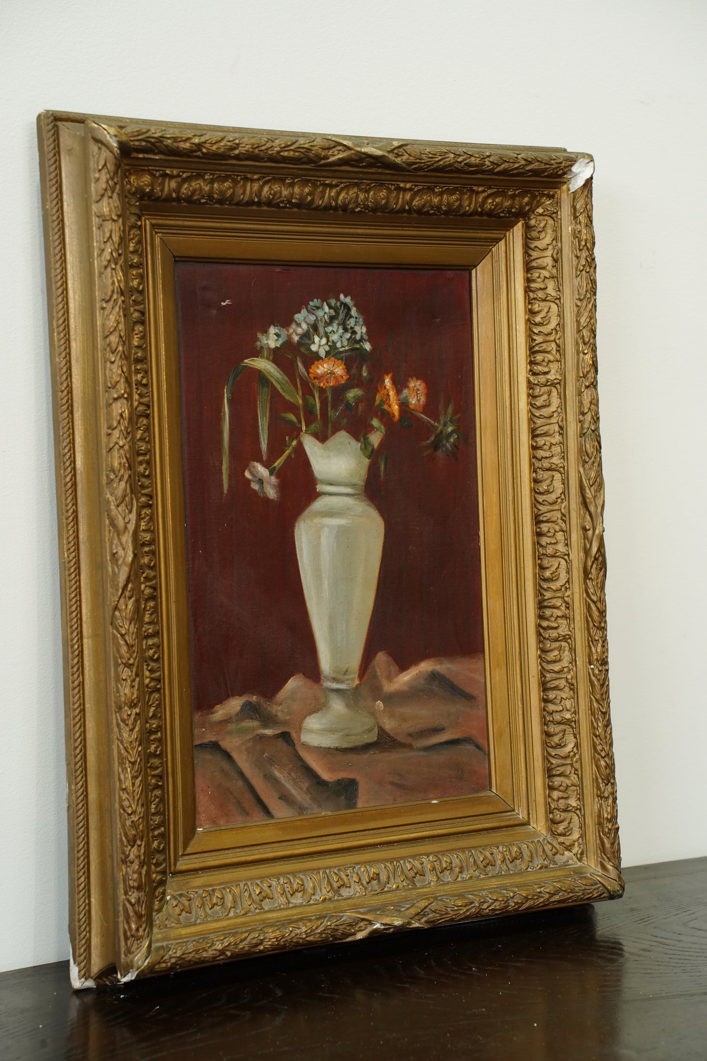 Antique French Flower Oil Painting Still Life in Cream Vase, Circa 1890