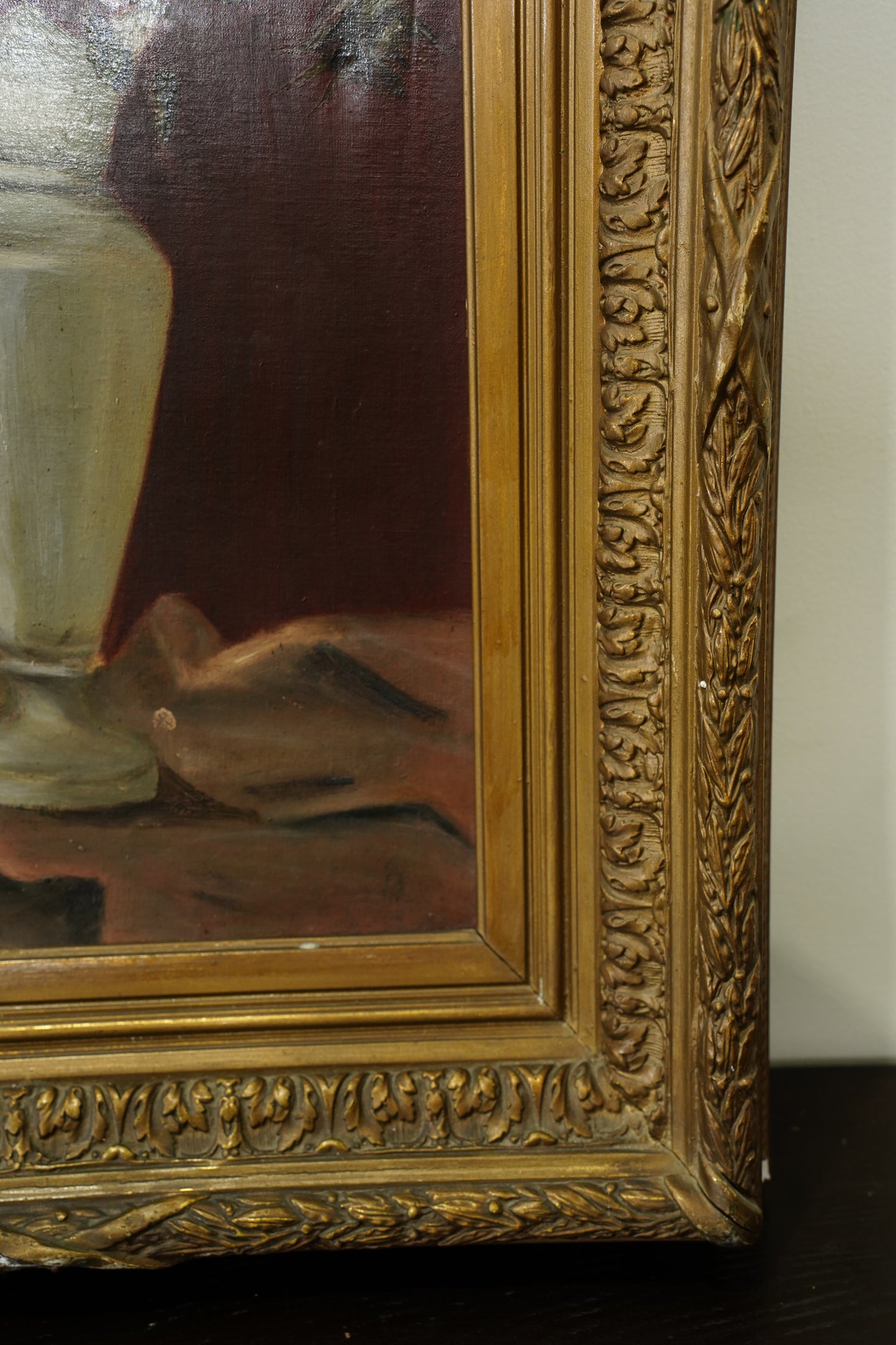 Antique French Flower Oil Painting Still Life in Cream Vase, Circa 1890