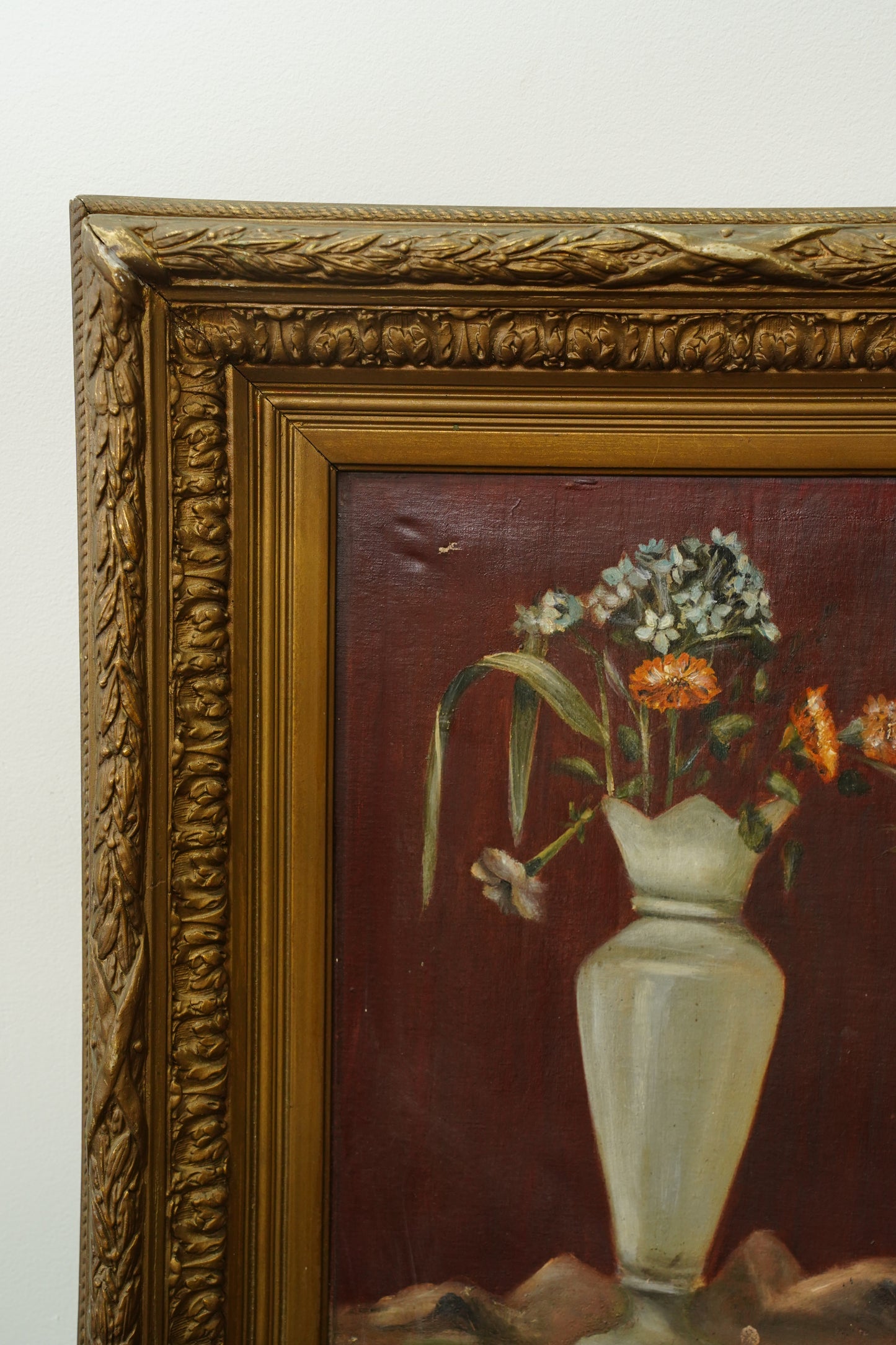 Antique French Flower Oil Painting Still Life in Cream Vase, Circa 1890