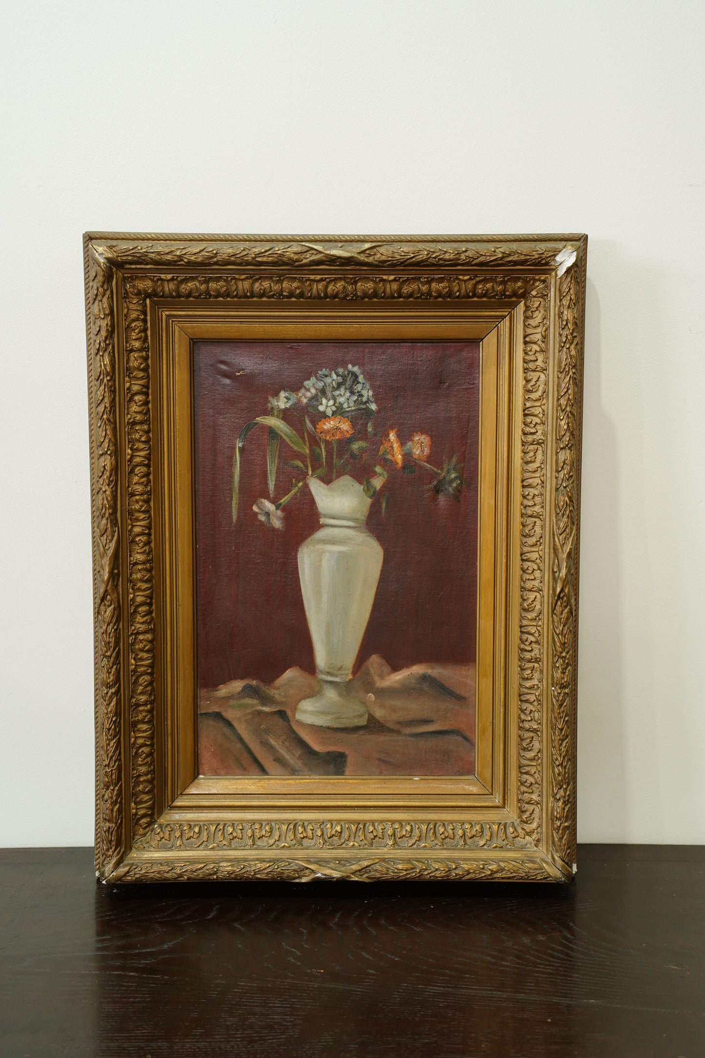 Antique French Flower Oil Painting Still Life in Cream Vase, Circa 1890