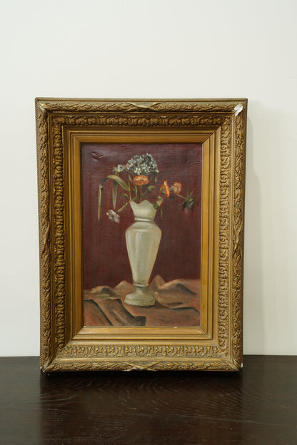 Antique French Flower Oil Painting Still Life in Cream Vase, Circa 1890