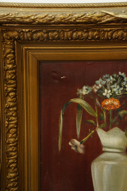 Antique French Flower Oil Painting Still Life in Cream Vase, Circa 1890