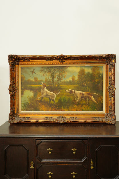 Vintage Hunting Dog Oil Painting, Two Setters and Pheasant, Large Signed