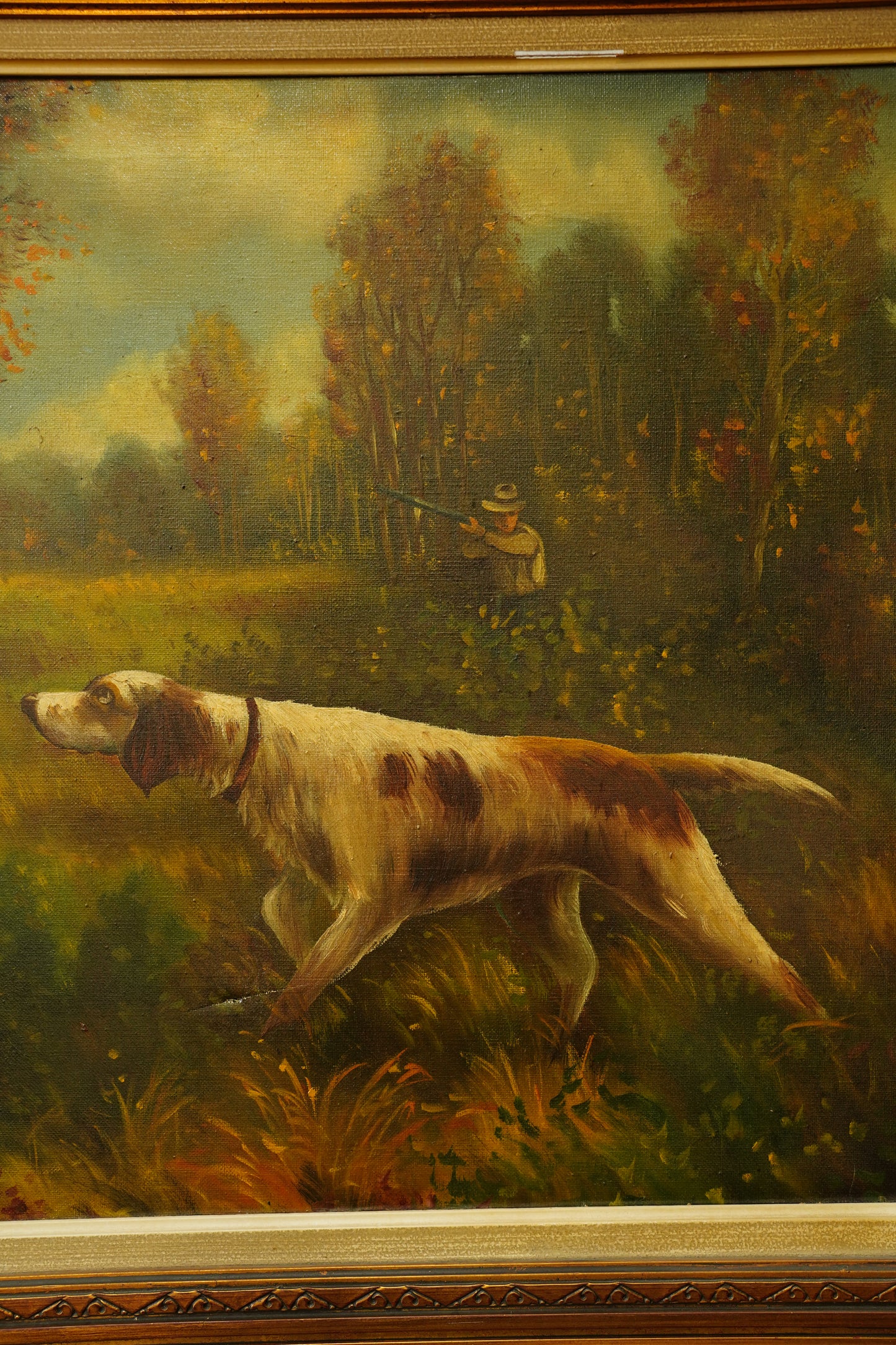 Vintage Hunting Dog Oil Painting, Two Setters and Pheasant, Large Signed