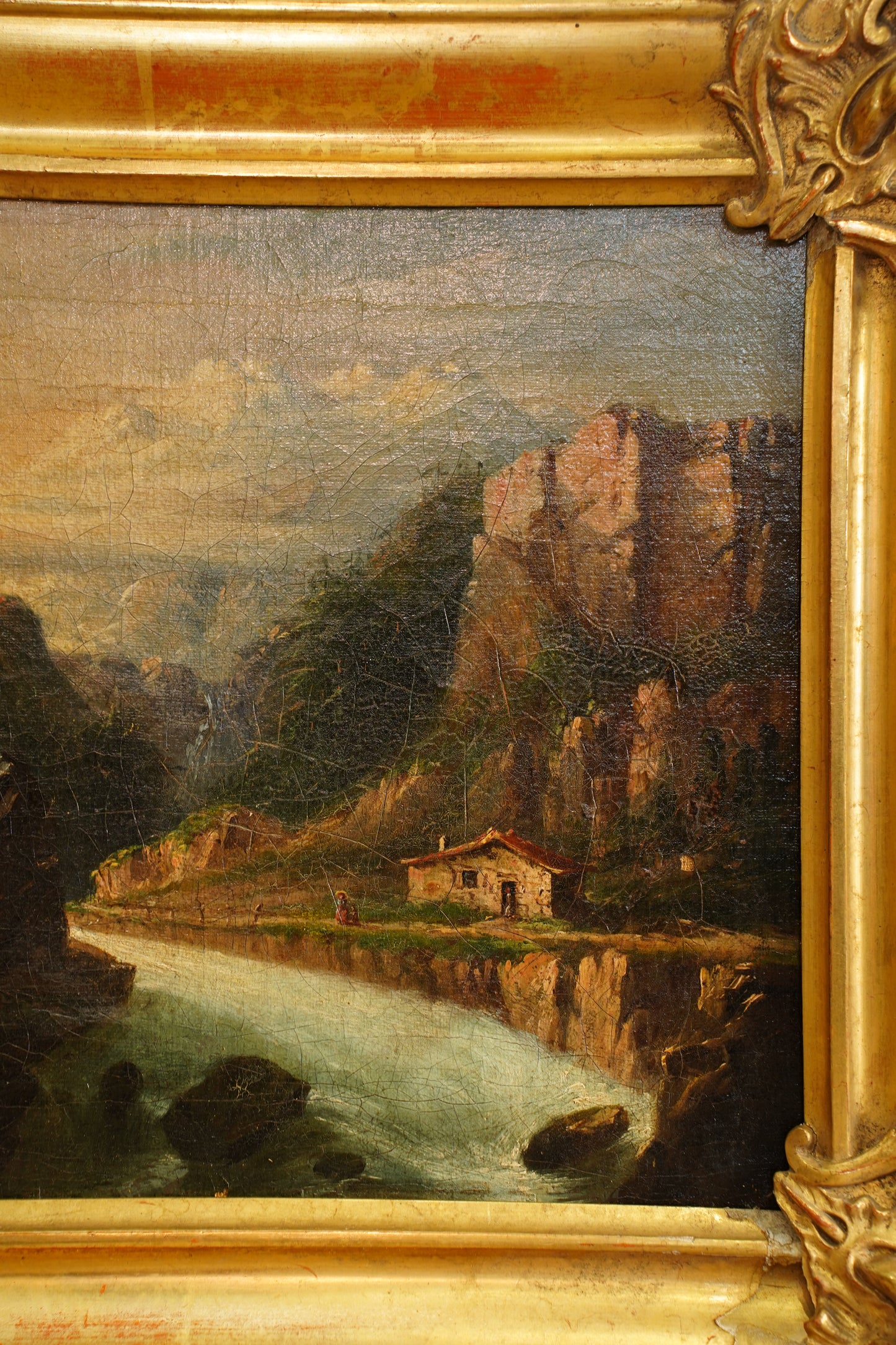 Antique European Oil Painting Mountain Gorge Landscape, Circa 1870
