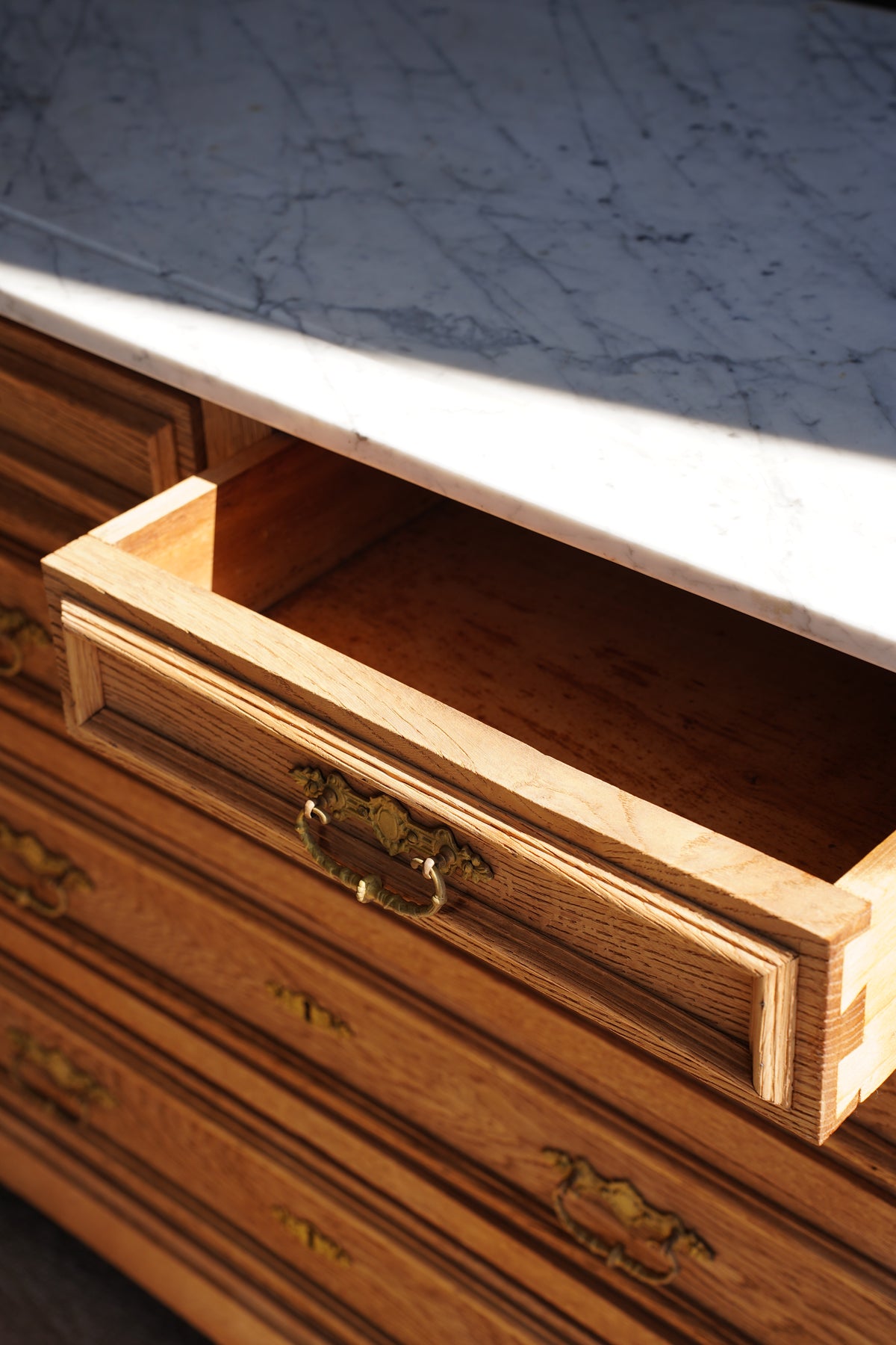 Vintage Sandblasted Oak Commode with White Marble Top