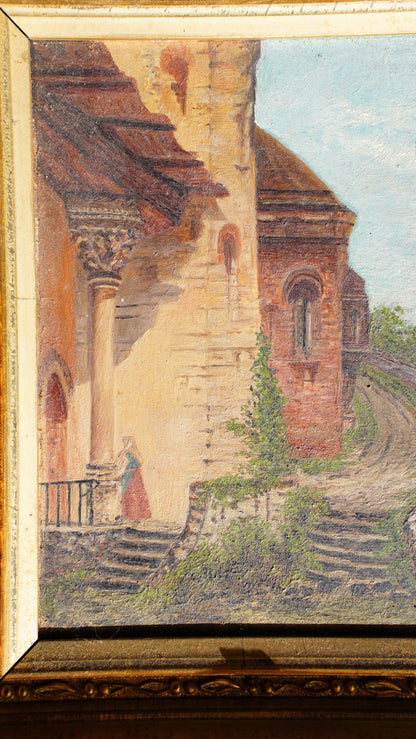 Antique European Village Lane Oil Painting on Panel