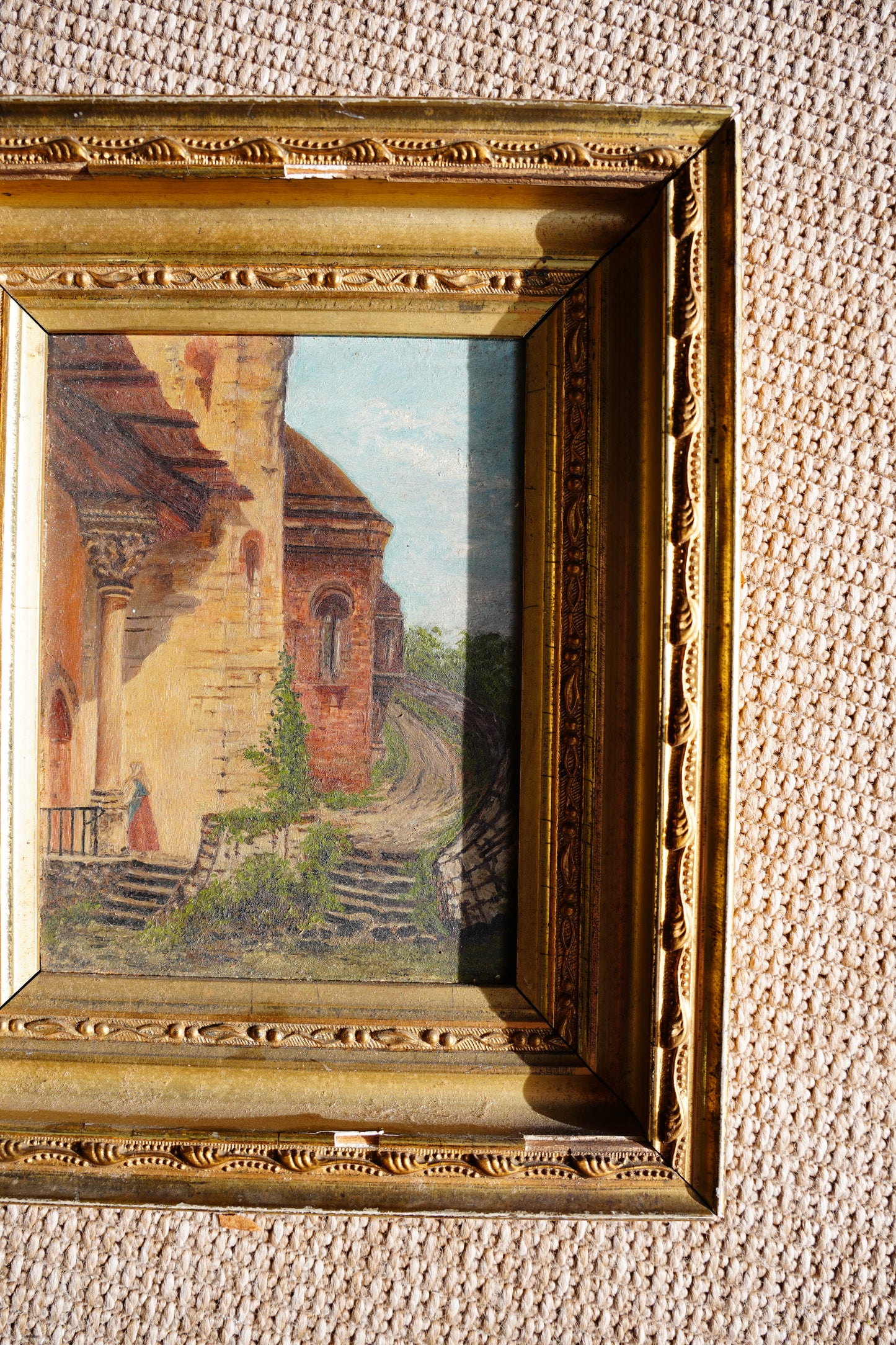 Antique European Village Lane Oil Painting on Panel