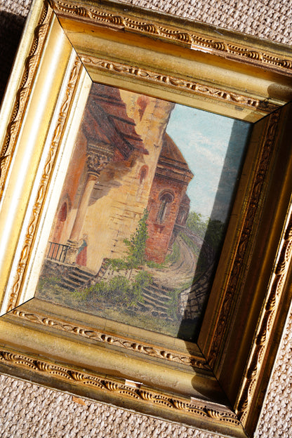 Antique European Village Lane Oil Painting on Panel
