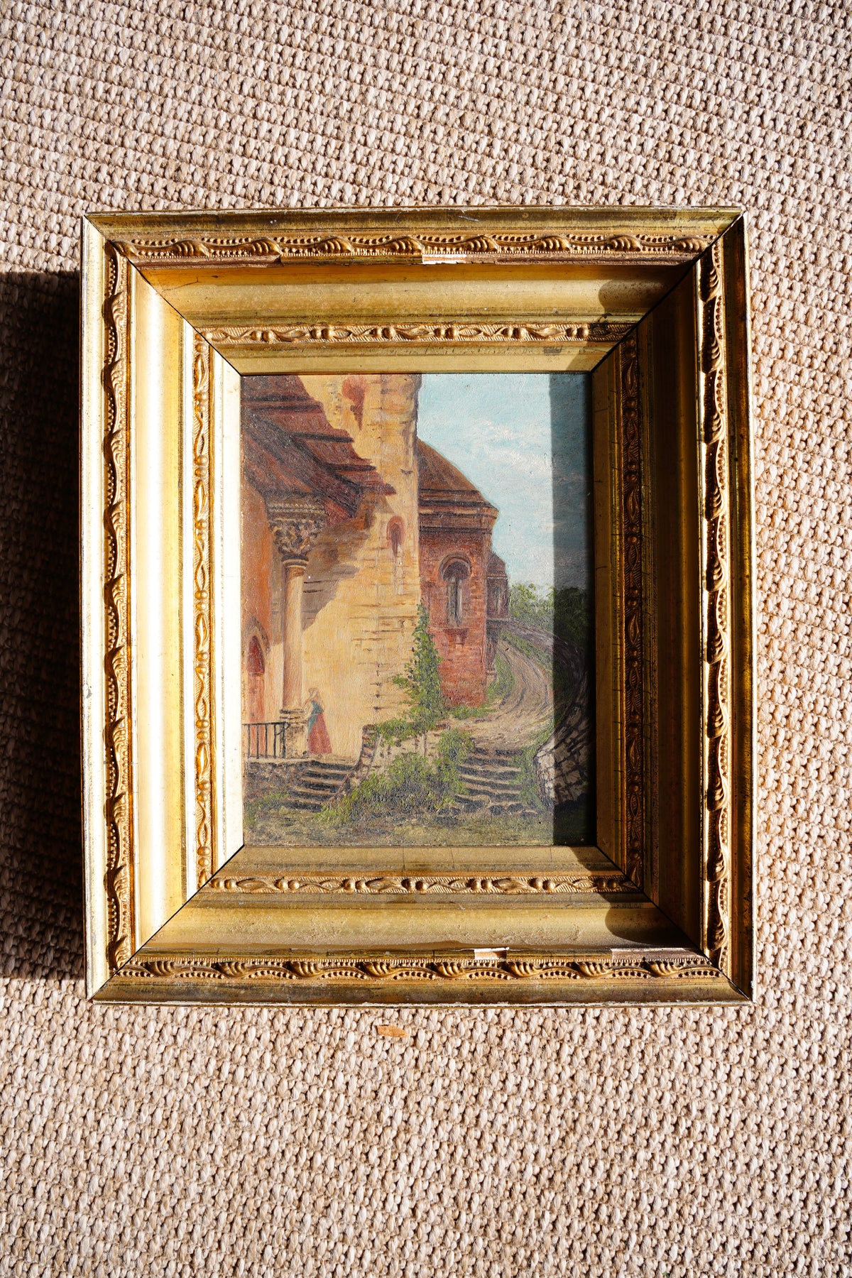 Antique European Village Lane Oil Painting on Panel
