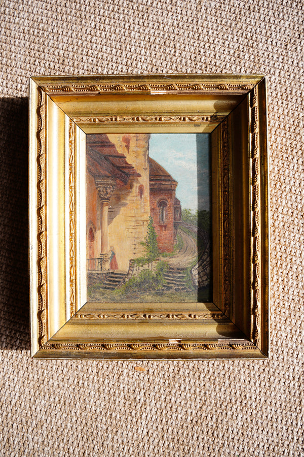 Antique European Village Lane Oil Painting on Panel
