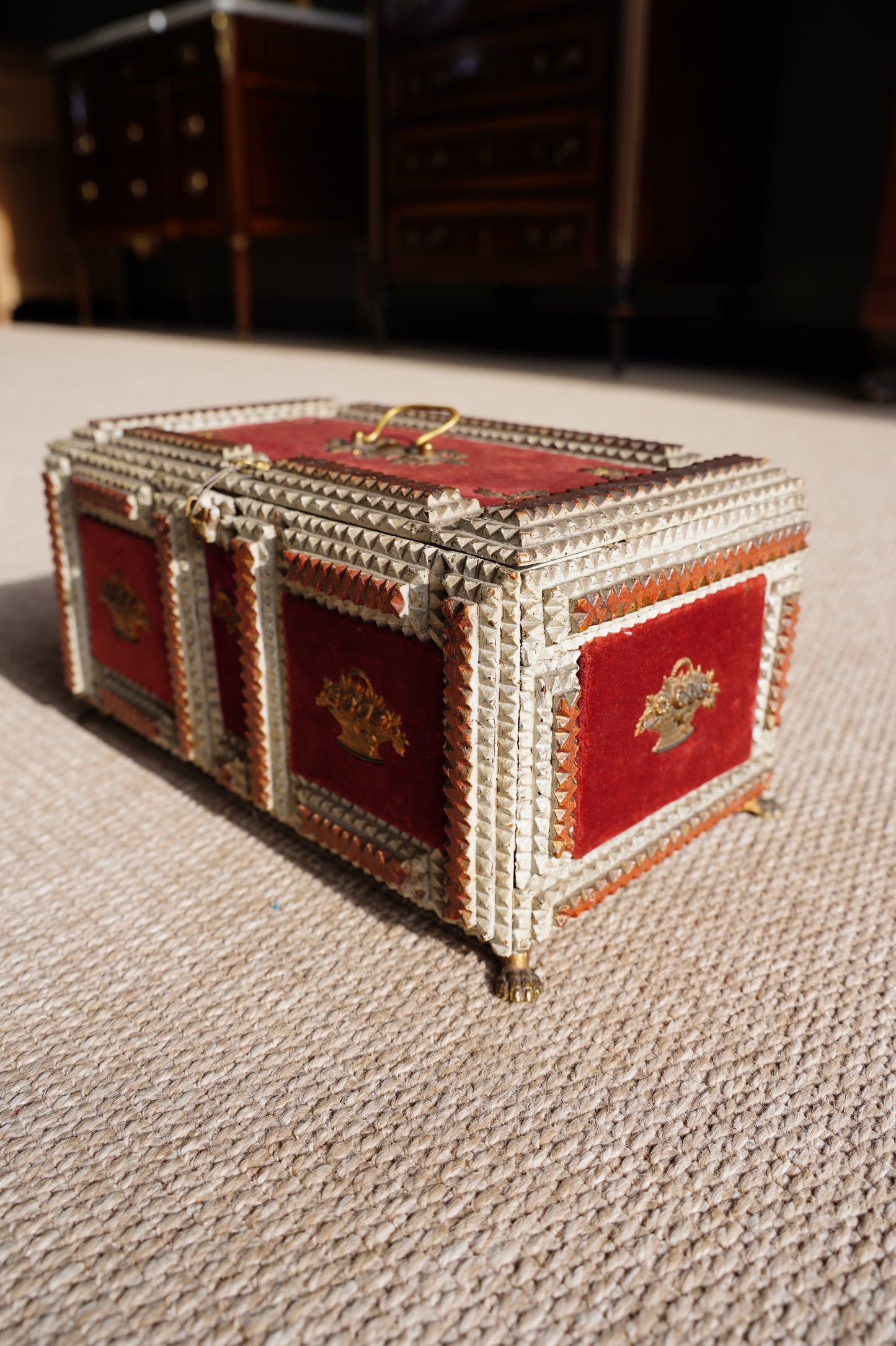 Antique Tramp Art Box, Red Velvet and Gilt Baskets, Circa 1900
