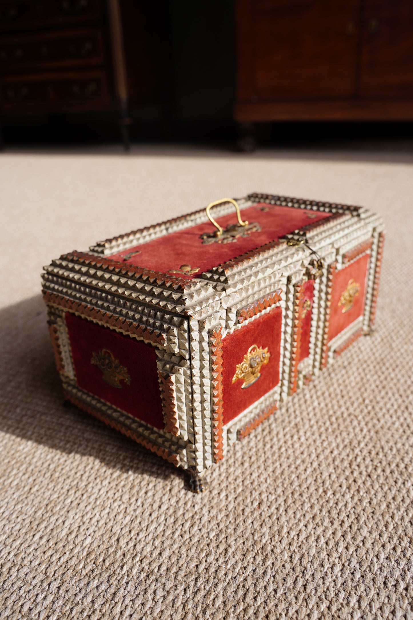 Antique Tramp Art Box, Red Velvet and Gilt Baskets, Circa 1900