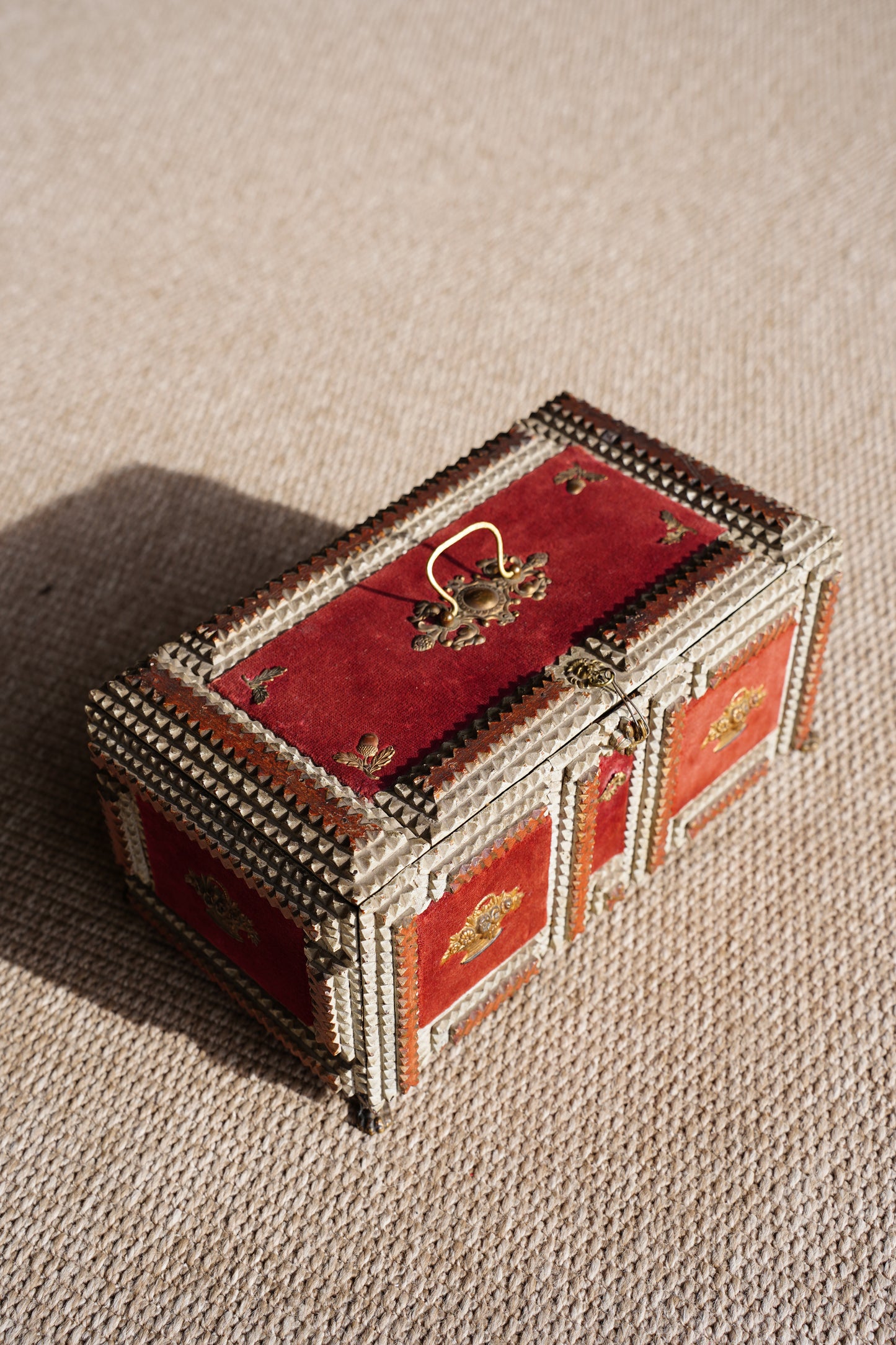Antique Tramp Art Box, Red Velvet and Gilt Baskets, Circa 1900