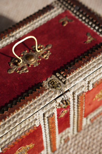 Antique Tramp Art Box, Red Velvet and Gilt Baskets, Circa 1900