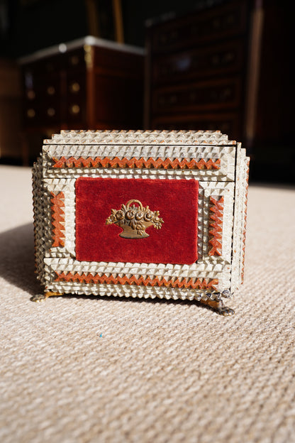 Antique Tramp Art Box, Red Velvet and Gilt Baskets, Circa 1900