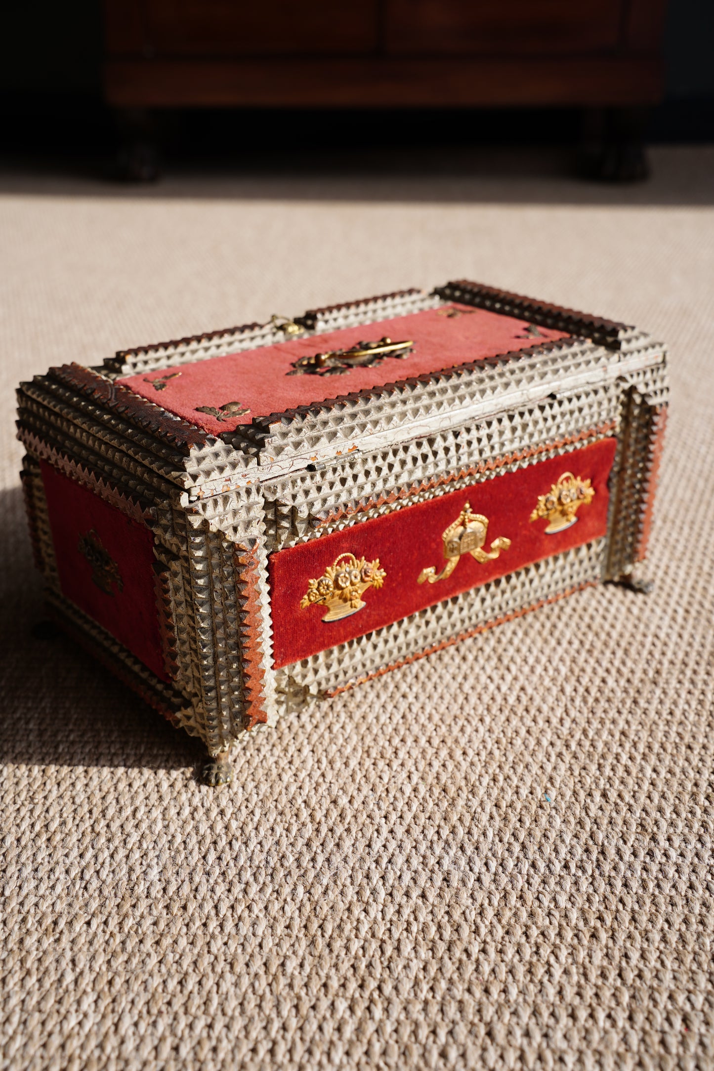 Antique Tramp Art Box, Red Velvet and Gilt Baskets, Circa 1900