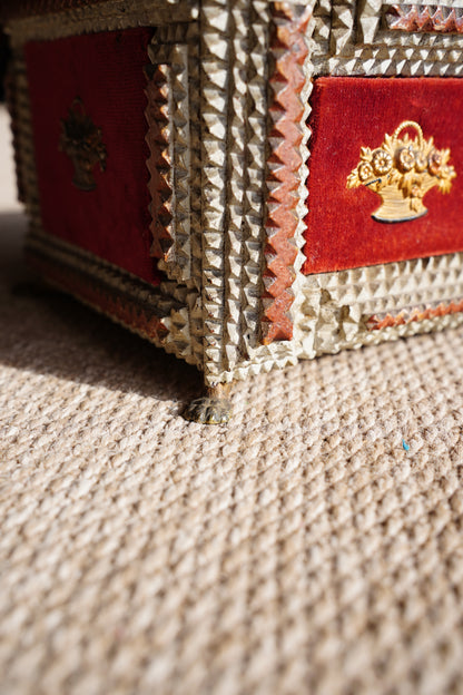 Antique Tramp Art Box, Red Velvet and Gilt Baskets, Circa 1900