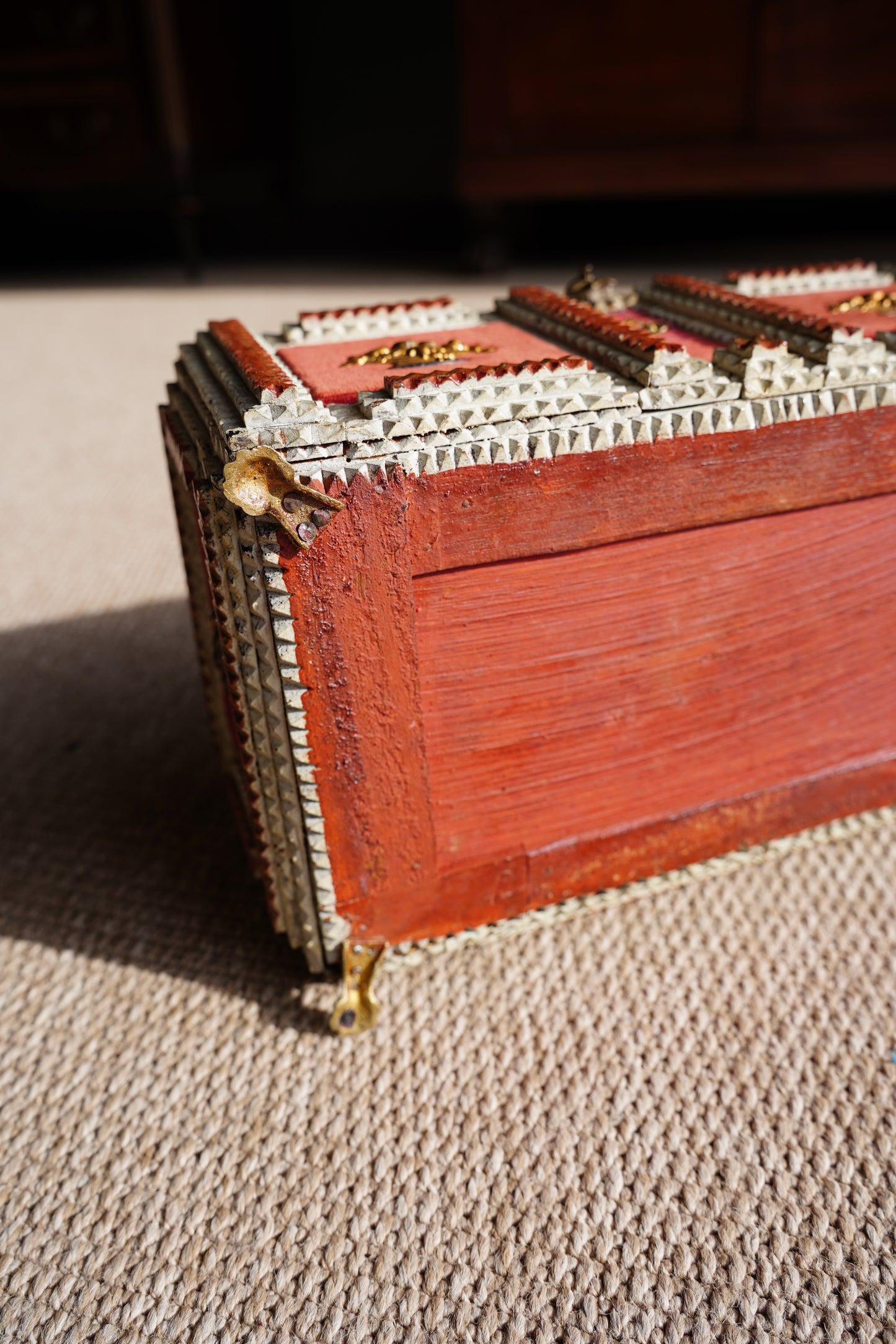 Antique Tramp Art Box, Red Velvet and Gilt Baskets, Circa 1900