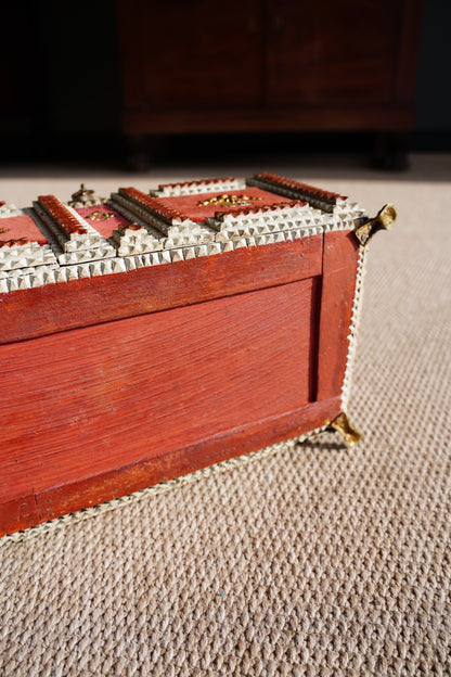 Antique Tramp Art Box, Red Velvet and Gilt Baskets, Circa 1900