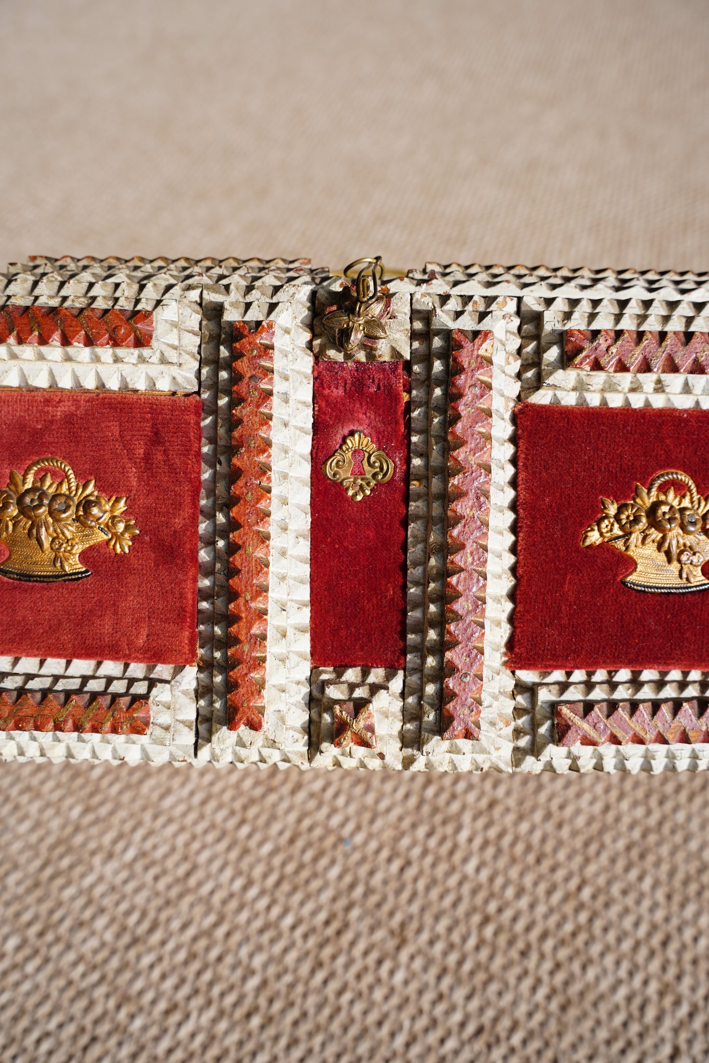 Antique Tramp Art Box, Red Velvet and Gilt Baskets, Circa 1900