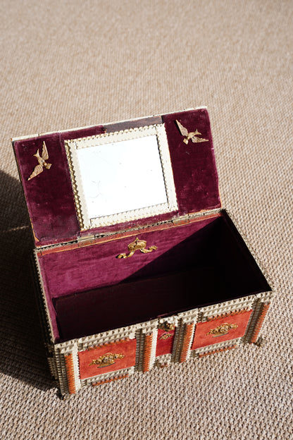 Antique Tramp Art Box, Red Velvet and Gilt Baskets, Circa 1900