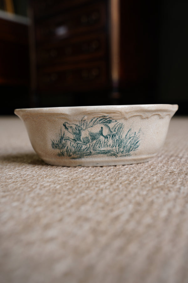 Vintage French Faience Soap Dish, Boar Hunting Transfer