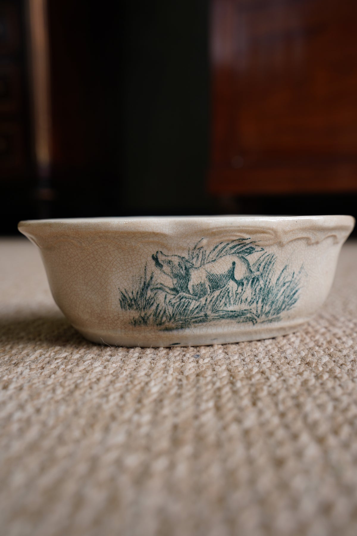 French Ironstone Soap Dish, Hunting Dog Transfer