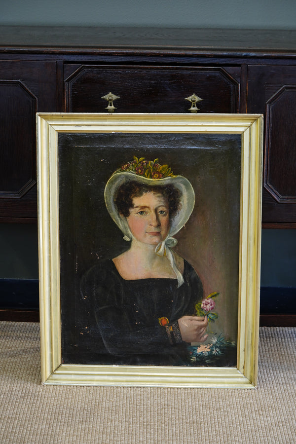 Antique French Bonnet Portrait Painting of a Woman Holding a Rose secondary view
