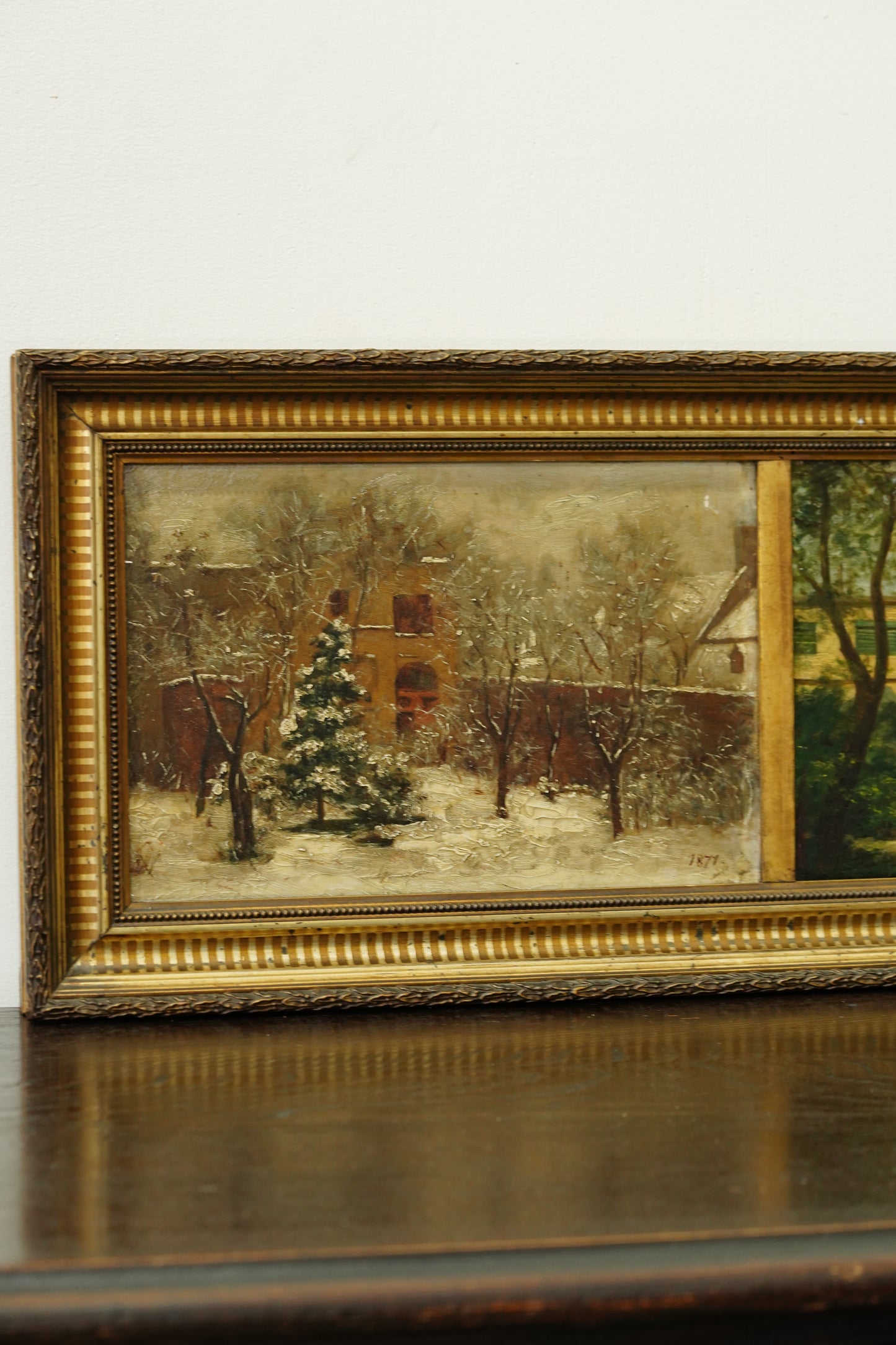 Antique Double Oil Painting House in Summer and Winter, Circa 1870