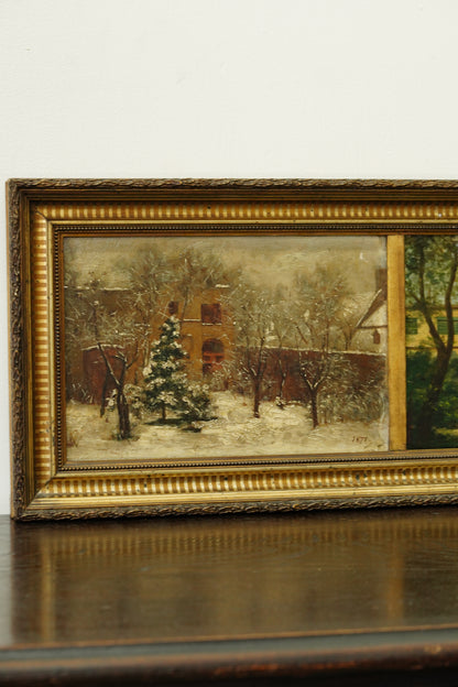 Antique Double Oil Painting House in Summer and Winter, Circa 1870
