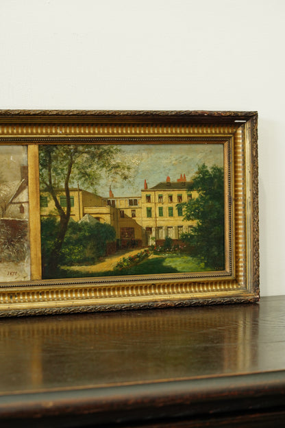 Antique Double Oil Painting House in Summer and Winter, Circa 1870