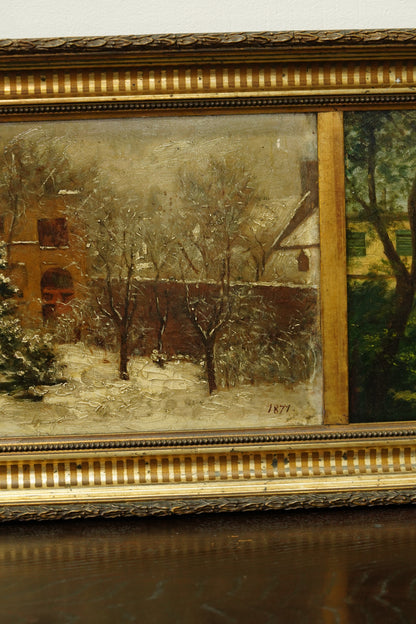 Antique Double Oil Painting House in Summer and Winter, Circa 1870