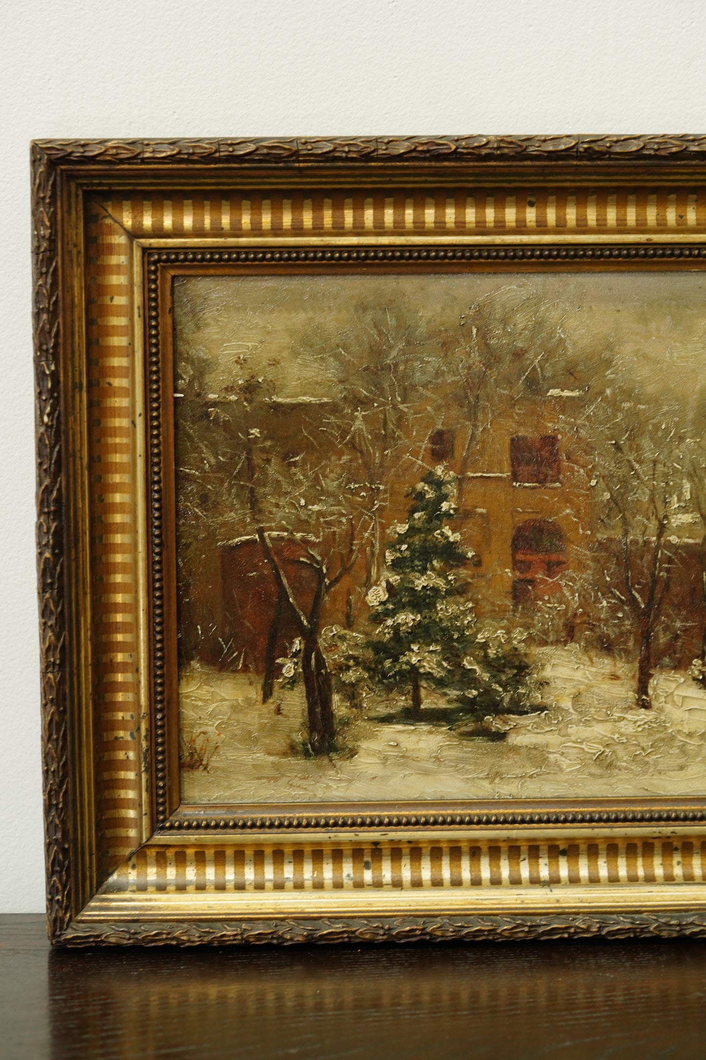 Antique Double Oil Painting House in Summer and Winter, Circa 1870