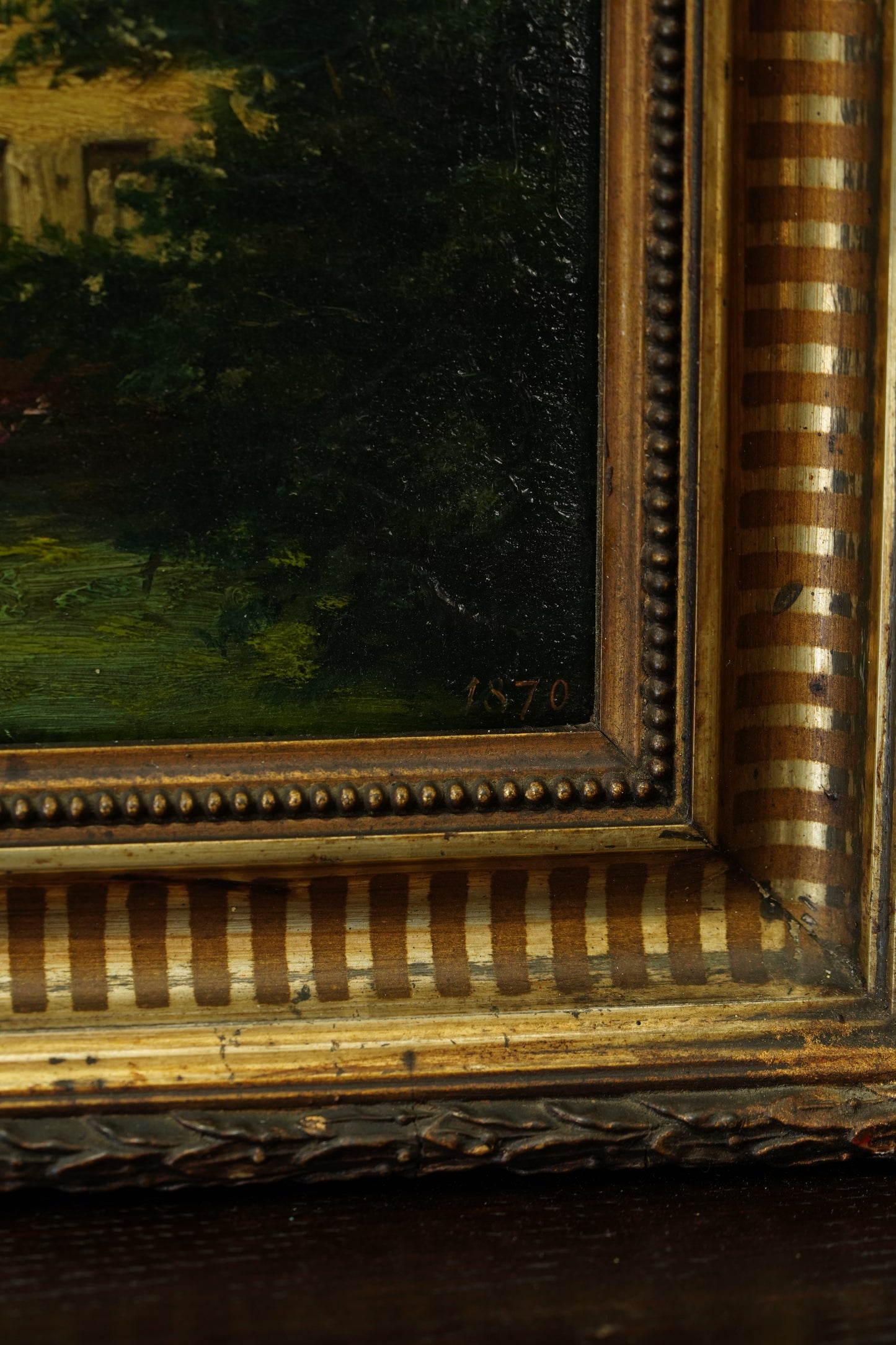 Antique Double Oil Painting House in Summer and Winter, Circa 1870