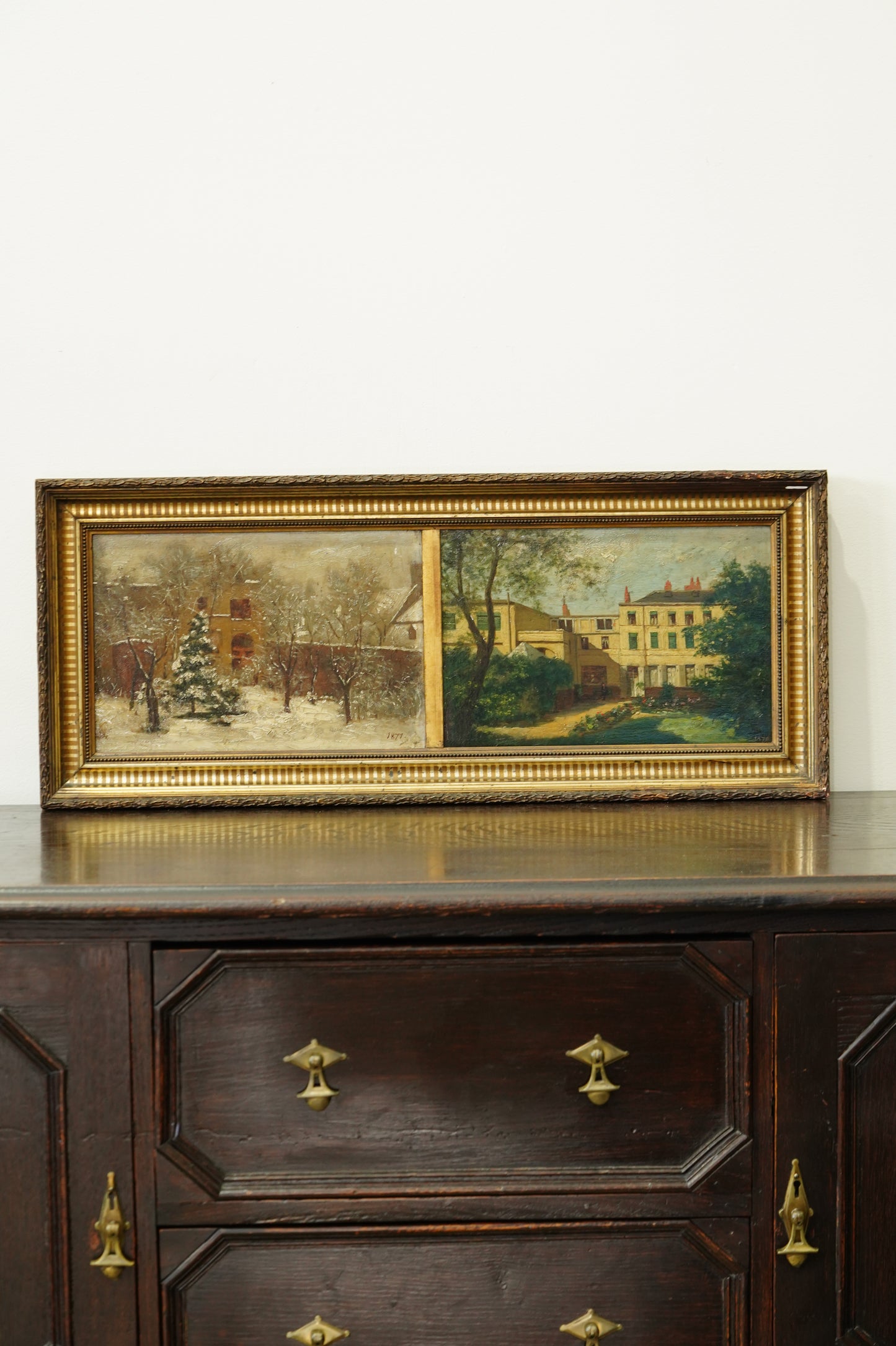 Antique Double Oil Painting House in Summer and Winter, Circa 1870