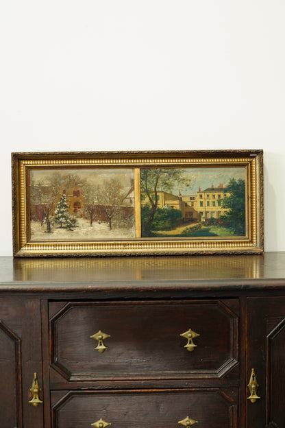 Antique Double Oil Painting House in Summer and Winter, Circa 1870