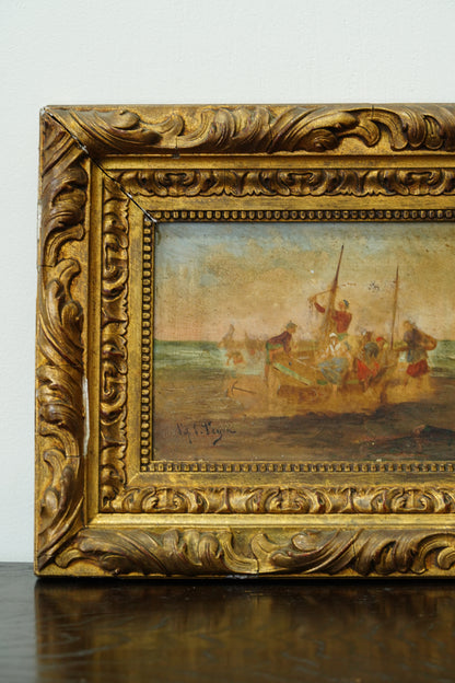 Antique Oil Painting Fishermen Beach Boat, Signed Feyen, Circa 1880