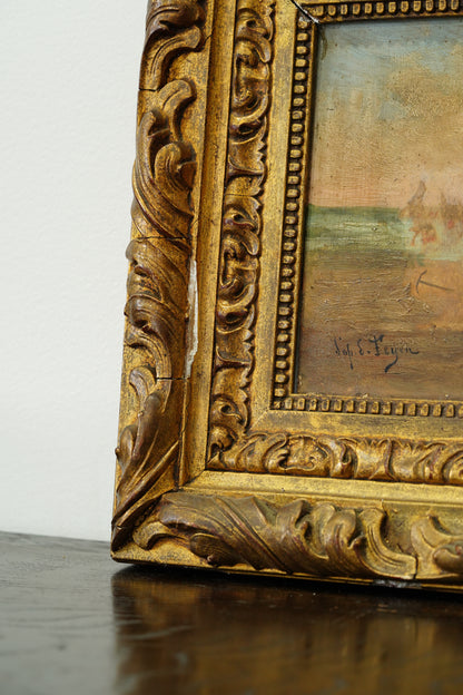 Antique Oil Painting Fishermen Beach Boat, Signed Feyen, Circa 1880