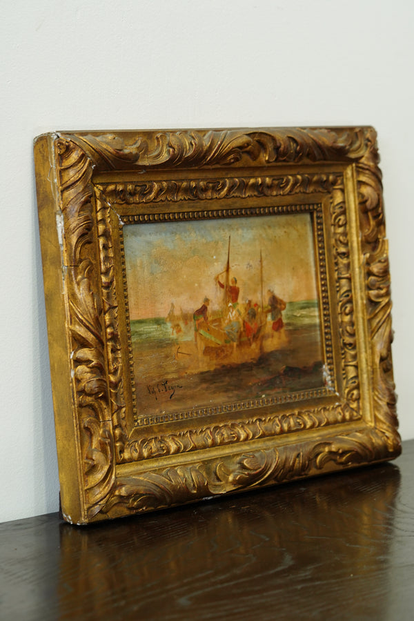 Antique Oil Painting Fishermen Beach Boat, Signed Feyen, Circa 1880 secondary view