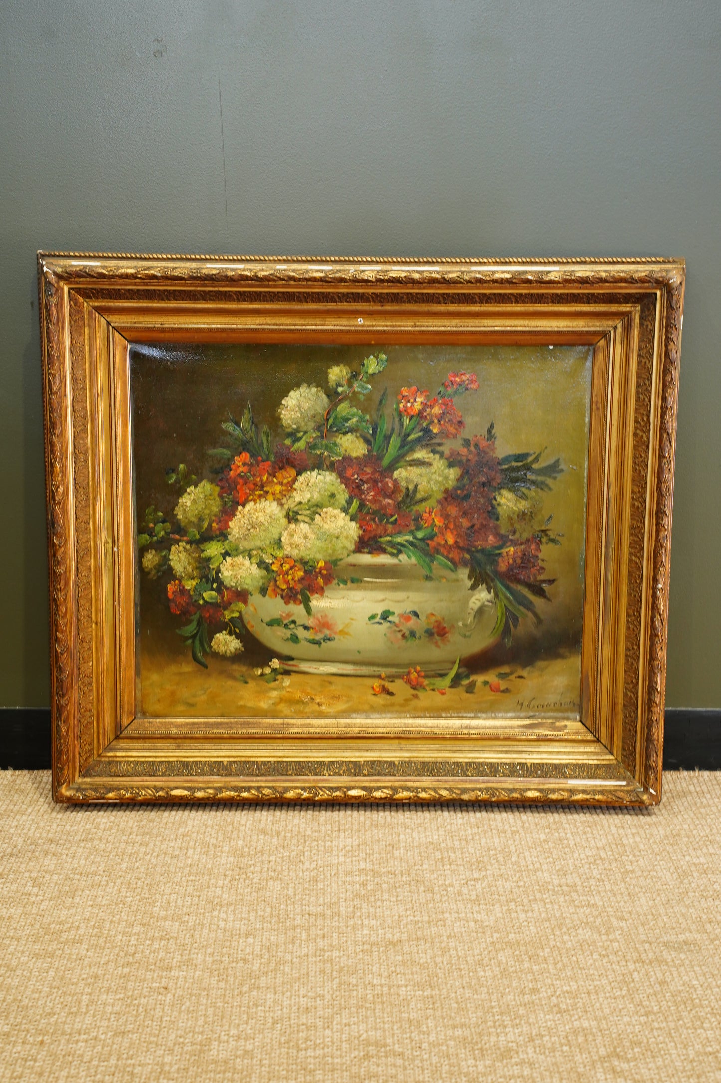 Signed Antique French Oil Painting Floral Still Life in Tureen