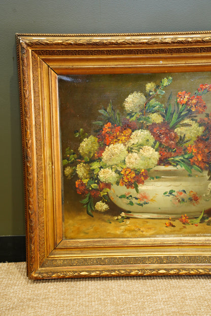 Signed Antique French Oil Painting Floral Still Life in Tureen