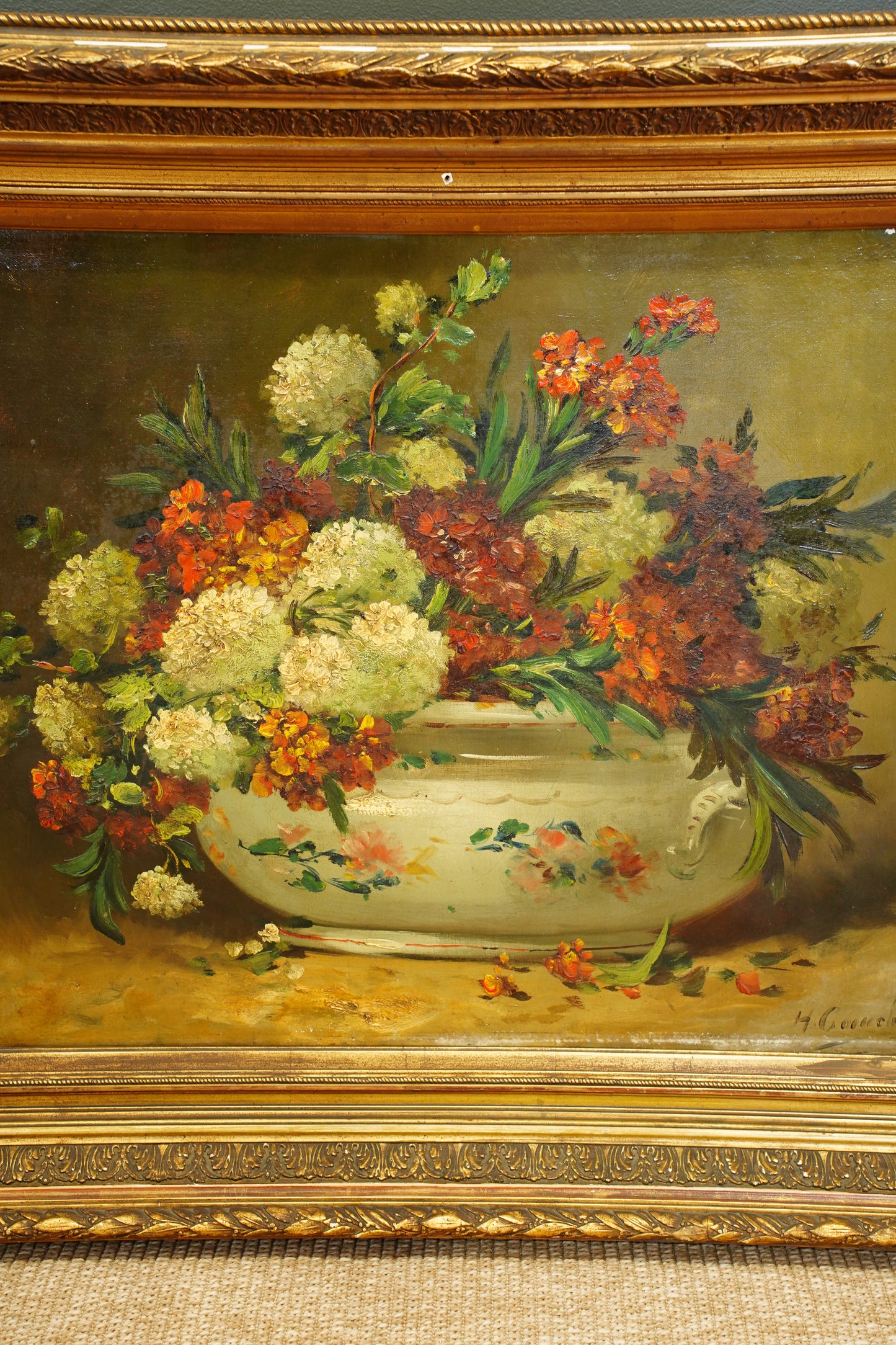 Signed Antique French Oil Painting Floral Still Life in Tureen