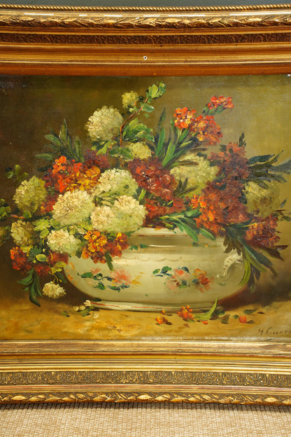 Signed Antique French Oil Painting Floral Still Life in Tureen