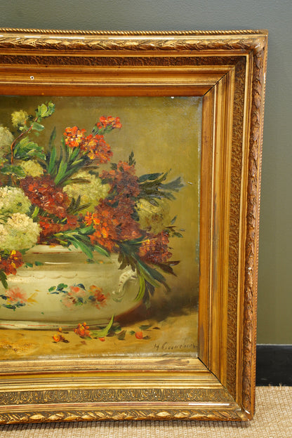Signed Antique French Oil Painting Floral Still Life in Tureen