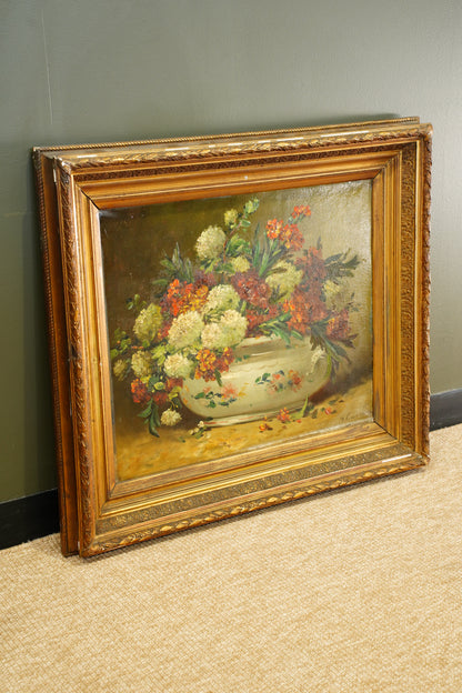 Signed Antique French Oil Painting Floral Still Life in Tureen