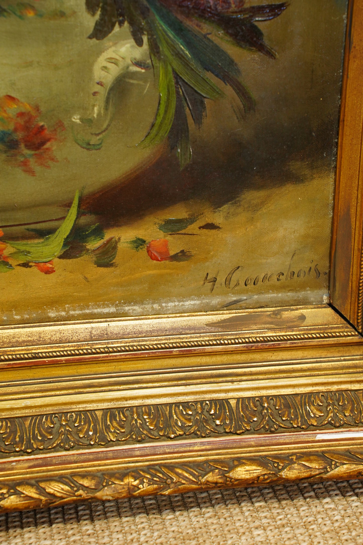 Signed Antique French Oil Painting Floral Still Life in Tureen