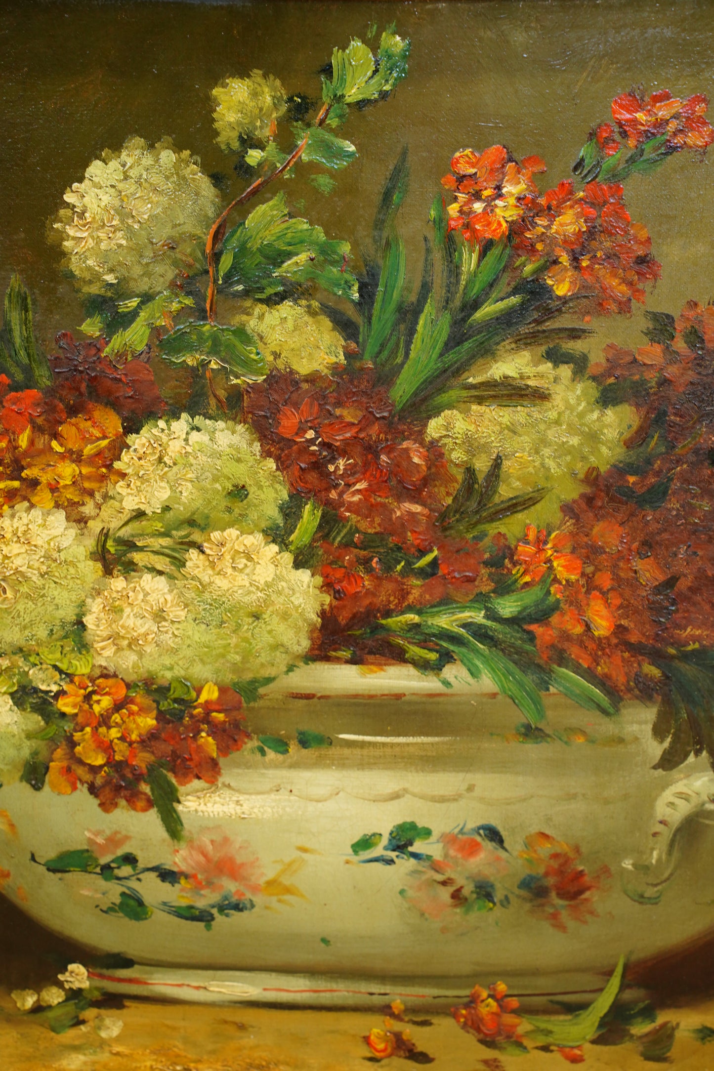Signed Antique French Oil Painting Floral Still Life in Tureen