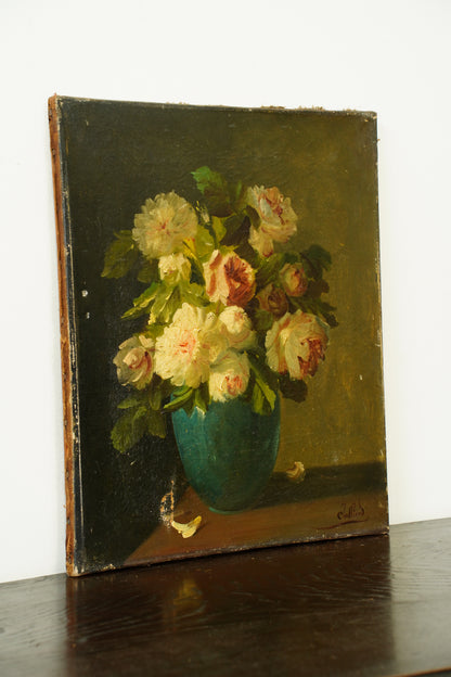 Antique French Floral Oil Painting, Roses, Signed