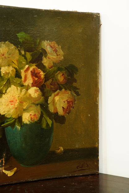 Antique French Floral Oil Painting, Roses, Signed